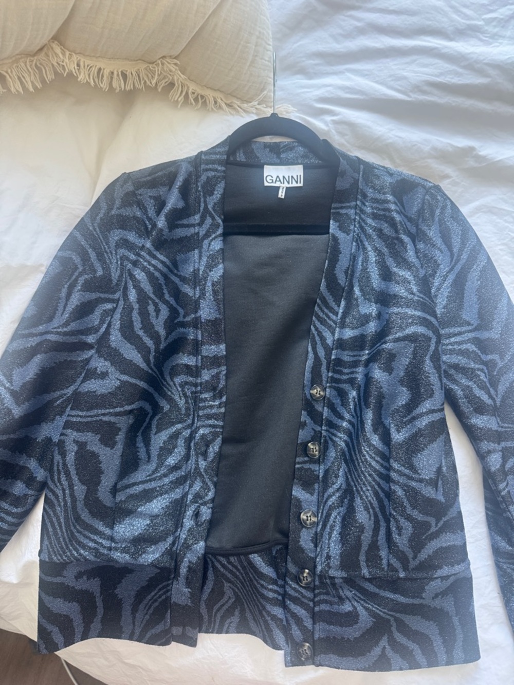 Ganni Black & Blue Zebra-Print Knit Cardigan